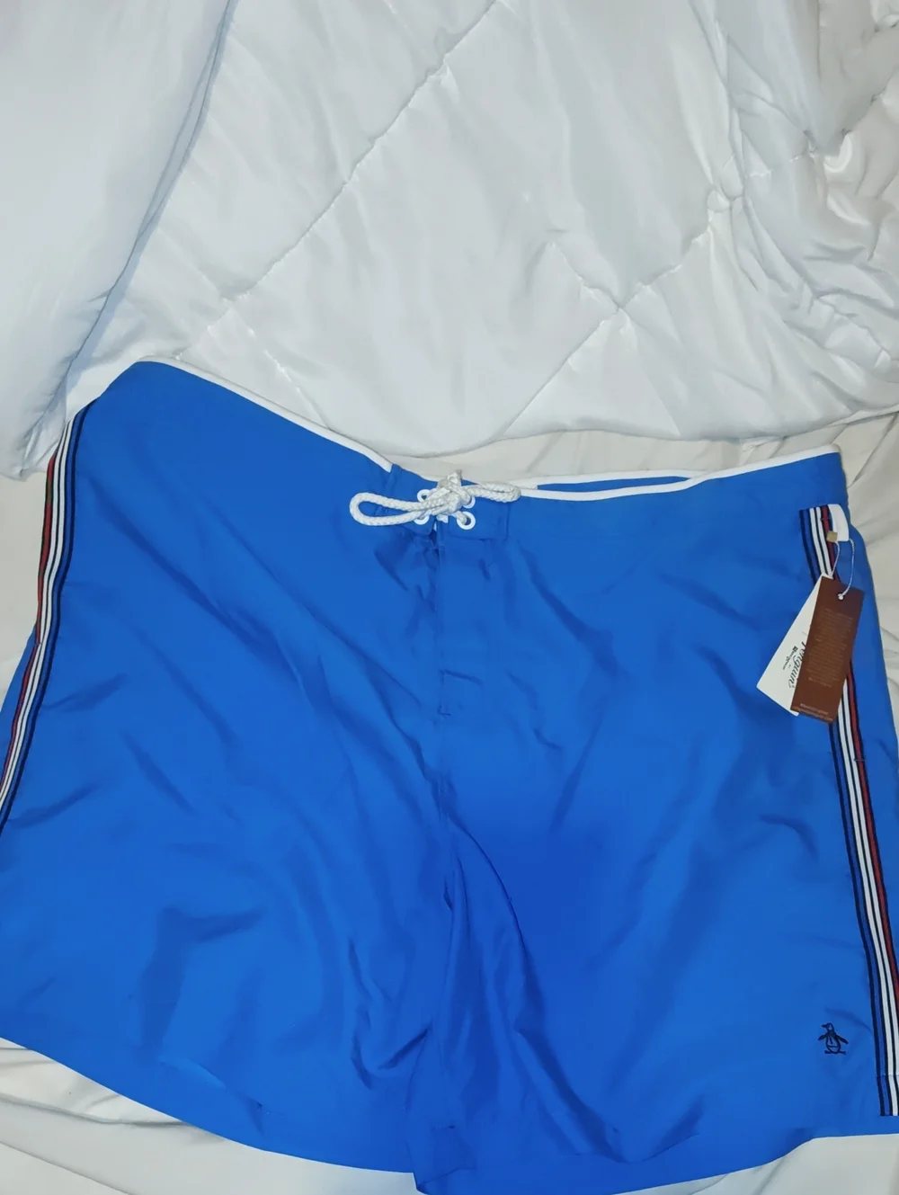 Original Penguin Size 38 Men’s Diva Blue Swim Trunks with Side Stripe